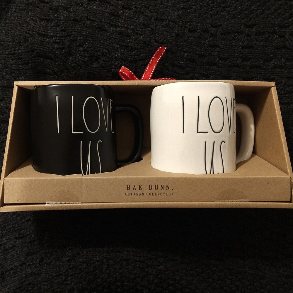 NWT Rae Dunn “I LOVE US” Black and White Mug Set